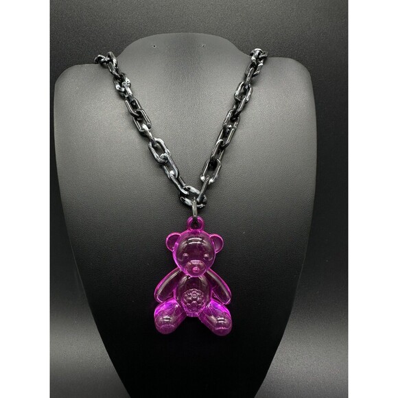 Acrylic Cable Link Chain Fuchsia Pink Bear Pendant Necklace   18” Long Black - Picture 2 of 9
